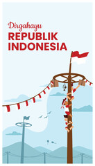 Republic of Indonesia Independence Day greeting card with an illustration of a child taking part in a areca nut climbing competition
