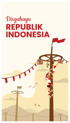 Republic of Indonesia Independence Day greeting card with an illustration of a child taking part in a areca nut climbing competition