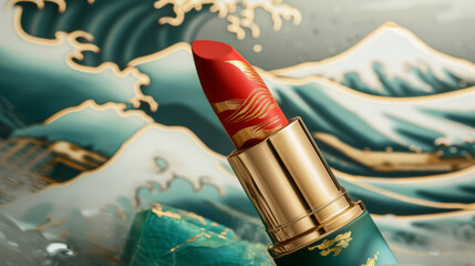 Luxurious red lipstick with a gold pattern stands out against an artistic backdrop of turquoise waves and gold accents, creating a stunning visual composition.