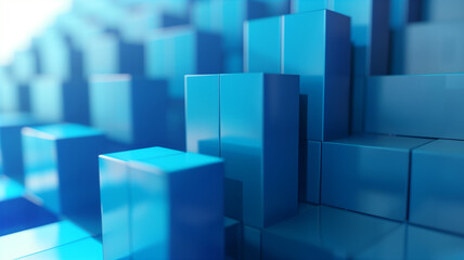 Blue abstract 3d render of stacked rectangular blocks with an upward trend