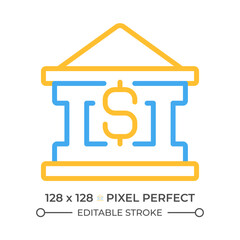 Bank building two color line icon. Financing business. Borrow money. Personal loans. Cash needs bicolor outline symbol. Duotone linear pictogram. Isolated illustration. Editable stroke