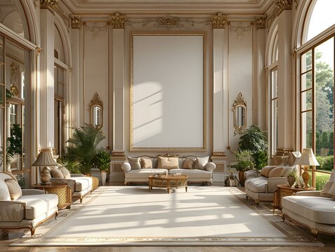 3D Rendered Mockup of Elegant White Frame in Majestic Traditional Manor with Ornate Moldings and