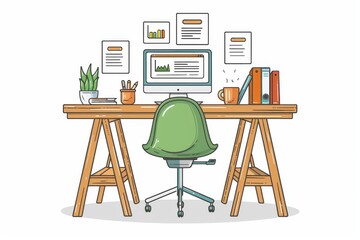 Modern home office setup with a green chair and wooden desk emphasizing productivity and comfort in a stylish and organized environment