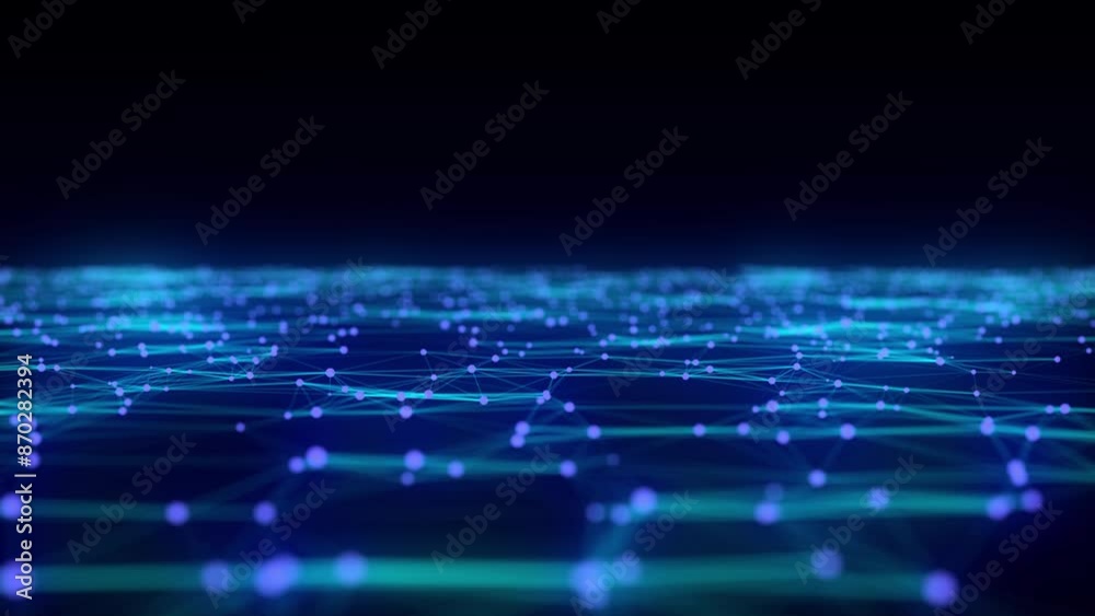 Poster abstract futuristic wave with moving dots. flow of colored particles and lines. cyber technology ill