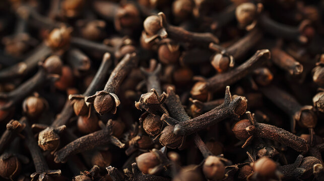 A close-up image of a pile of dried cloves. The cloves are a dark brown color and have a distinct, knobby shape. They are clustered together, showing their intricate textures