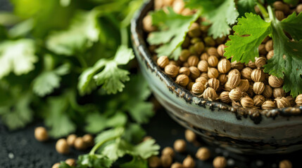 A close-up image of coriander seeds and leaves in a bowl. The seeds are brown and the leaves are green
