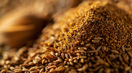 Obraz premium A close-up image of a pile of fennel seeds with a mound of ground spice blend on top