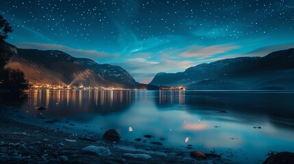 Starry Night Over a Tranquil Lake and Mountains