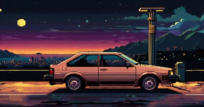 Pixelated Car Parked at Night With City Skyline and Moon
