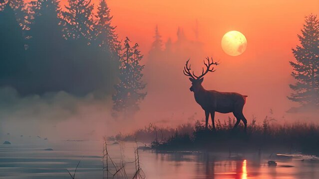 reindeer in the fog. silhouette. japanese illustration. sunset.generatiive ai