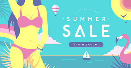 Retro flat summer big sale poster with beautiful girl in swimsuit on beach background. Vector illustration