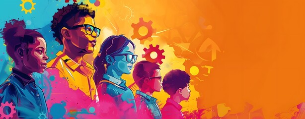 World Youth Skills Day Illustration: Create a vibrant, educational background for World Youth Skills Day, highlighting young people learning new skills. Use engaging, bright colors and provide ample