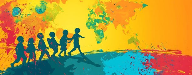 World Youth Skills Day Illustration: Create a vibrant, educational background for World Youth Skills Day, highlighting young people learning new skills. Use engaging, bright colors and provide ample