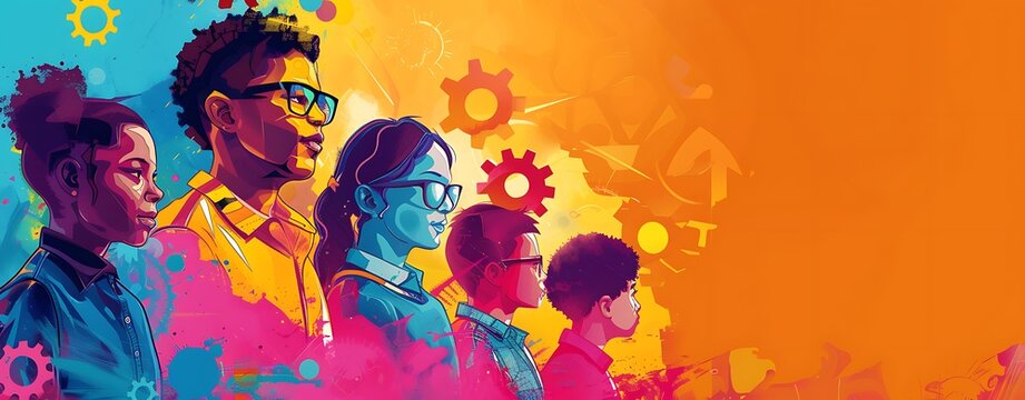 World Youth Skills Day Illustration: Create a vibrant, educational background for World Youth Skills Day, highlighting young people learning new skills. Use engaging, bright colors and provide ample