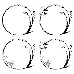 稲、とんぼ、紅葉、秋の円形フレームセット、手書き © 20