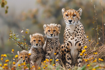 A mother cheetah and her cubs, sitting on the grass in their natural habitat of Africa's savannah. A full body shot of the cheetahs