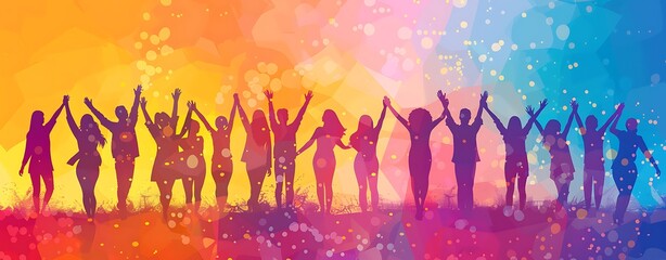 International Volunteer Day Illustration: Design an inspiring background for International Volunteer Day, with silhouettes of people volunteering. Use uplifting colors and leave space for text.