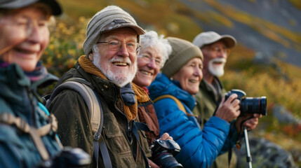 Fototapeta premium Elderly hikers capture fall mountain scenery with cameras, poster