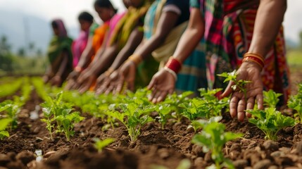 A group of women farmers tend to rows of young plants in a field