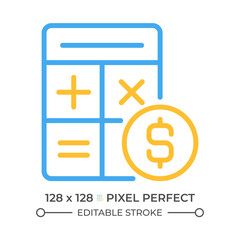 Counting money two color line icon. Financial accounting. Cash control. Income statement. Calculator bicolor outline symbol. Duotone linear pictogram. Isolated illustration. Editable stroke