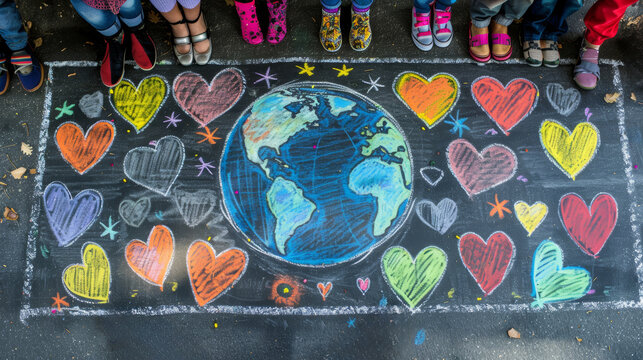 A group of children draw chalk hearts and a world map on a pavement, banner