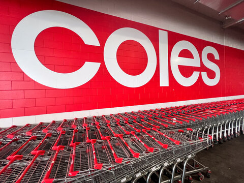 Coles supermarket shopping carts..Australian Supermarkets are on the front line of consumer concerns about the rising cost of living increasing hostilities from customers.