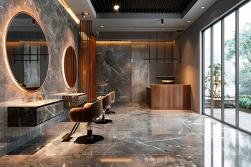 A contemporary hair salon interior with marble accents and round mirrors, Large windows allow natural light to enhance the luxurious and stylish atmosphere.