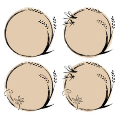 稲、とんぼ、紅葉、秋の円形フレームのセット、手書き © 20