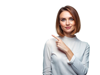 Woman pointing her finger to the side of empty space, isolated transparent background