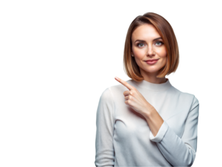 Woman pointing her finger to the side of empty space, isolated transparent background