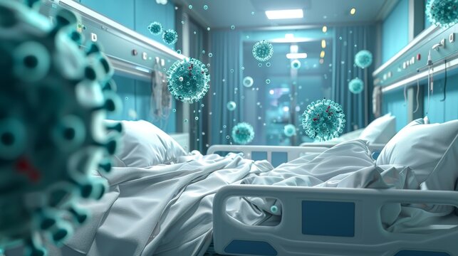 An artistic 3D illustration of a hospital room with virus particles in the air, showcasing the importance of proper hygiene and infection control in healthcare settings.