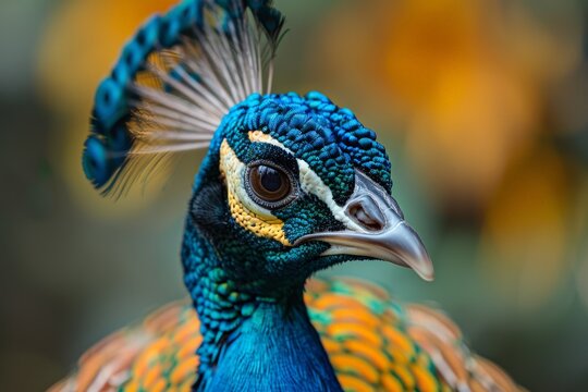 Captivating close-up of a proud and regal peacock displaying its feathers.