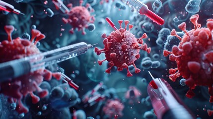 A conceptual 3D illustration of a virus being contained and neutralized by medical tools and equipment.