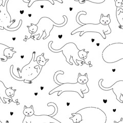 Seamless pattern with cute cats. Vector illustration. Line art