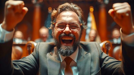 Happy lawyer winning a case in court A lawyer celebrating a victorious court case