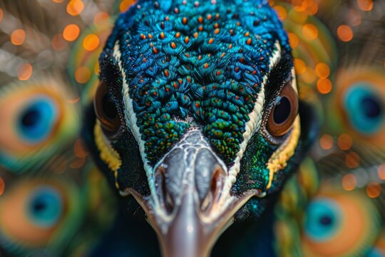 Captivating close-up of a proud and regal peacock displaying its feathers.