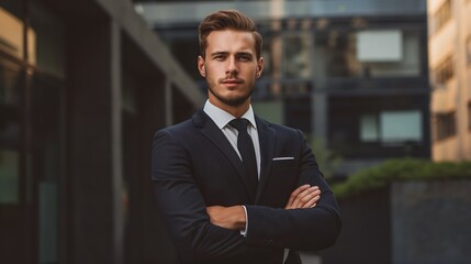 Young Professional Man in Suit, Age 25, Radiating Pride and Confidence in a Corporate Business Environment