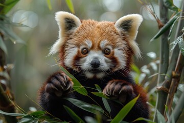 Curious red panda reaching out to grab a bamboo shoot.