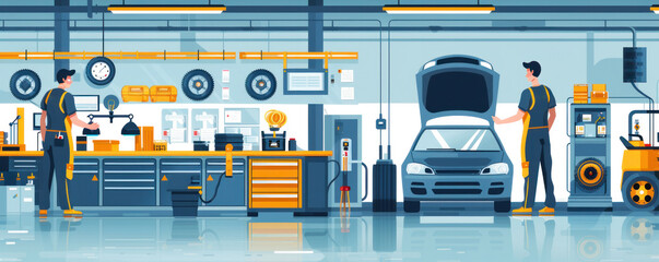 A man and a woman are working on a car in a garage. The man is standing next to the car, while the woman is standing behind him. The garage is filled with various tools and equipment