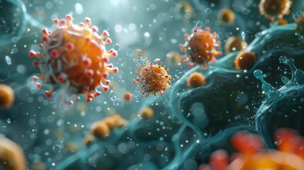 A conceptual 3D illustration of a virus entering a cell and replicating, depicting the process of infection in a clear and educational manner.