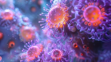 A scientific 3D illustration of a virus under a microscope, showing detailed structures and mechanisms of infection.