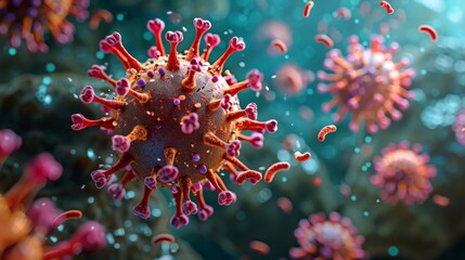 A realistic 3D illustration of a virus being attacked by antibodies, representing the body's immune response.