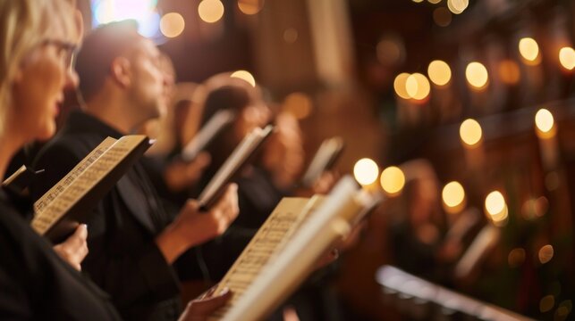 Close up of people choir members holding singing book while performing in a cathedral