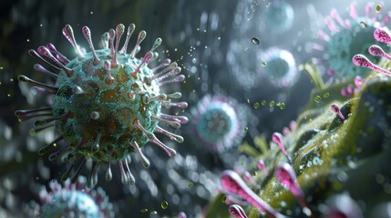 A high-resolution 3D illustration of a virus replication cycle, showing stages of infection and reproduction within a host cell.