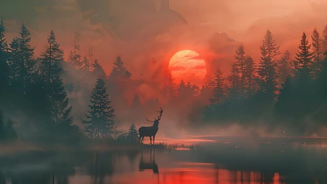 reindeer in the fog. silhouette. japanese illustration. sunset.generatiive ai