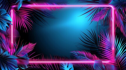 neon-lit tropical foliage framing empty space with vibrant pink neon rectangle