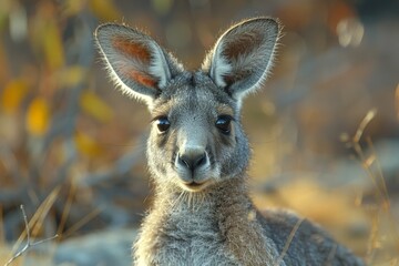 Obraz premium Curious kangaroo joey peeking out from its mother's pouch.
