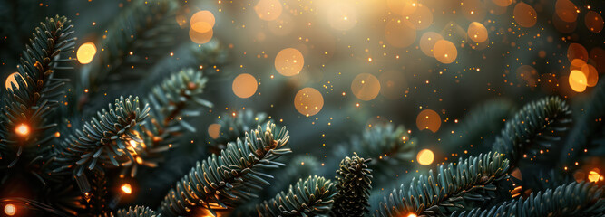 A close-up shot of evergreen tree branches with warm lights and sparkling snow, creating a festive and magical atmosphere