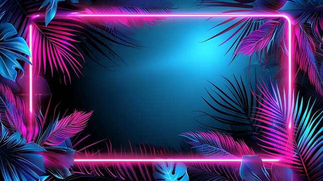 neon-lit tropical foliage framing empty space with vibrant pink neon rectangle
