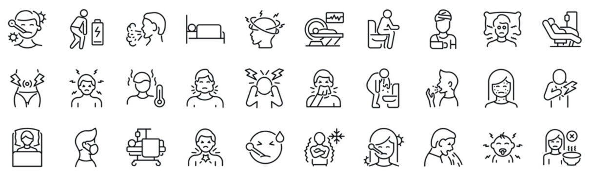 Set of 30 outline icons related to sickness, illness, disease. Linear icon collection. Editable stroke. Vector illustration